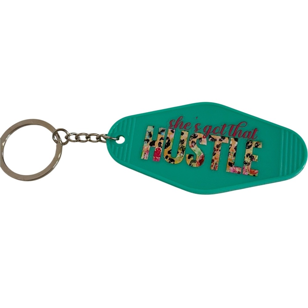 Shes Got That Hustle Teal Retro Motel Keychain Floral Leopard Print Girl Boss